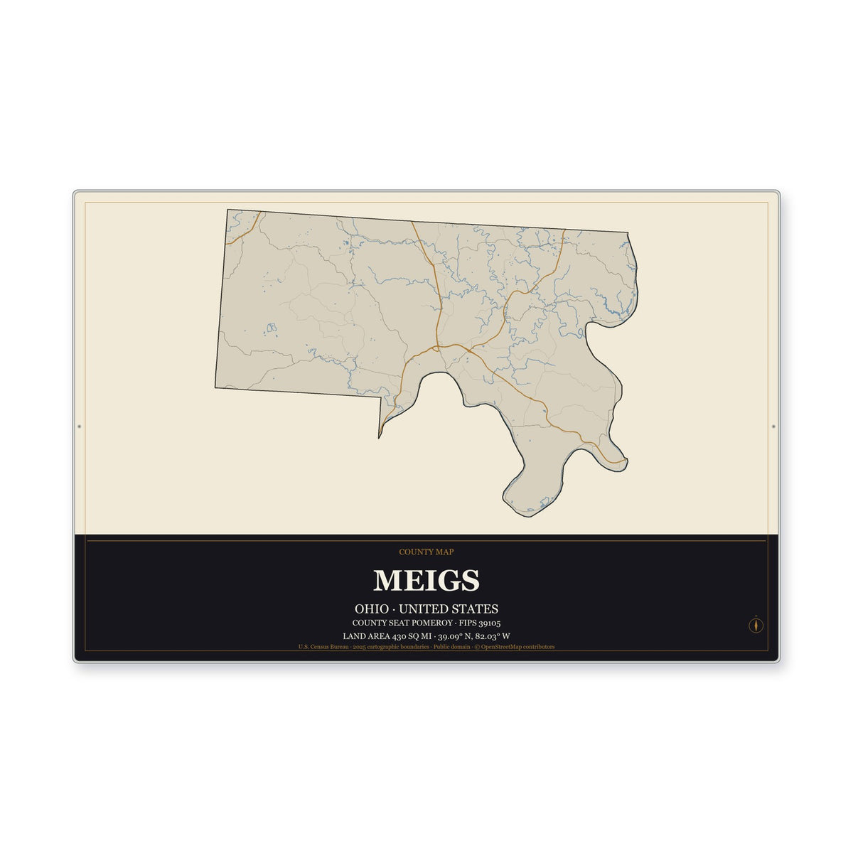 Meigs County, Ohio Map Aluminum Sign in Museum Plaque style