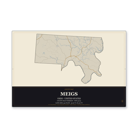 Meigs County, Ohio Map Aluminum Sign in Museum Plaque style