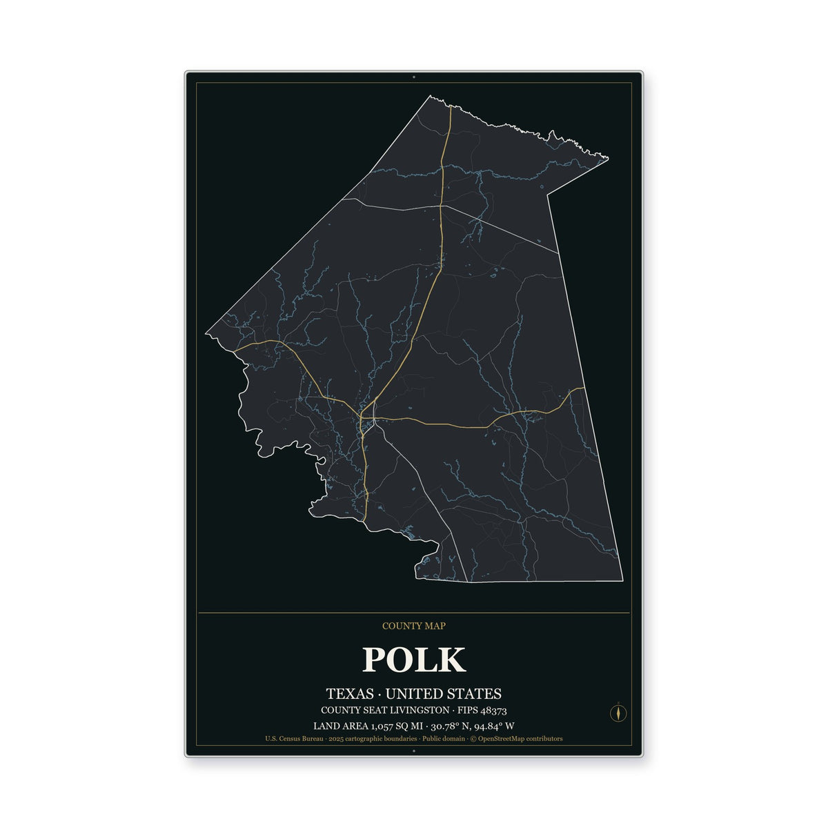 Polk County, Texas Map Aluminum Sign in Metropolitan Noir style