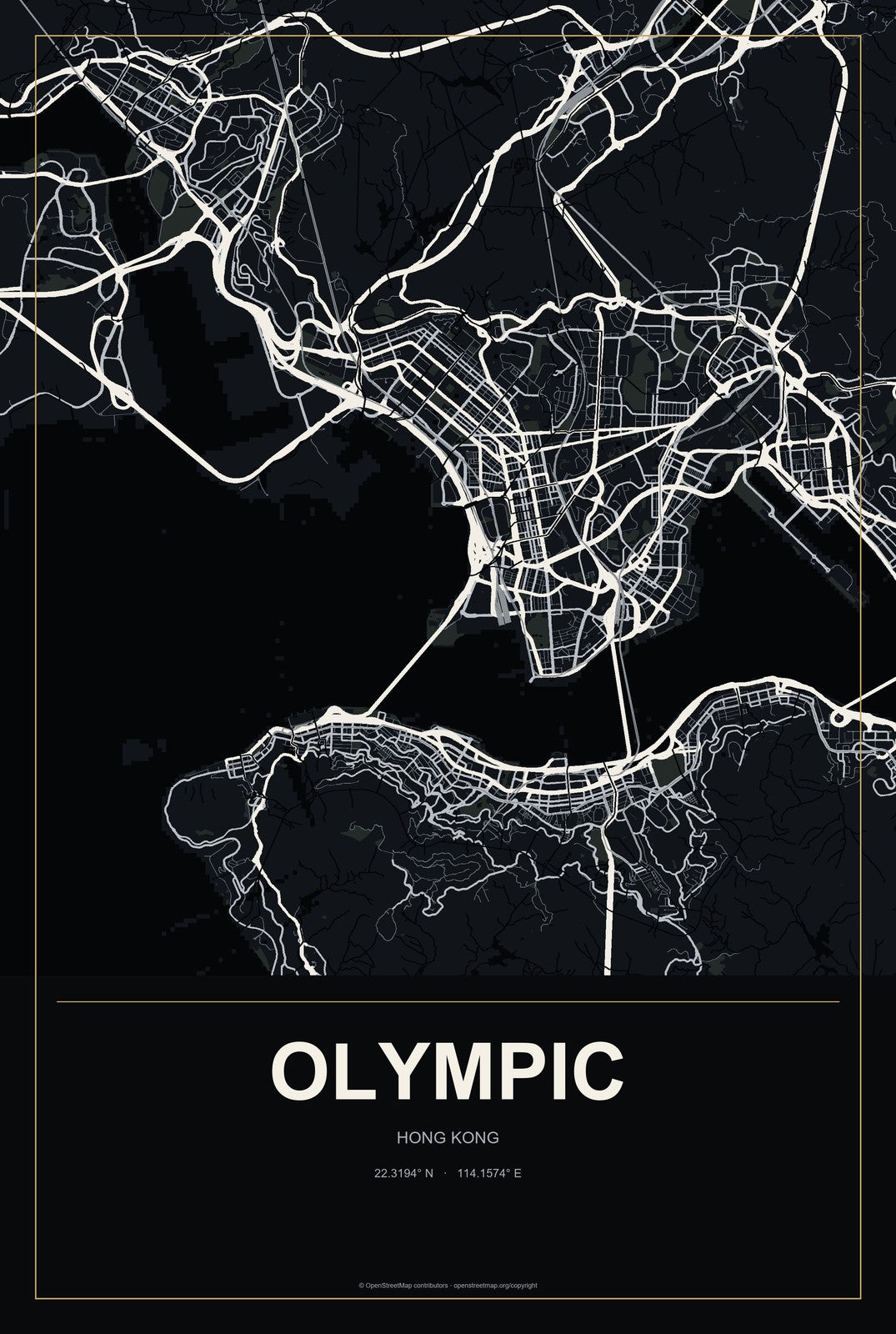 Olympic, Hong Kong City Map Aluminum Sign in Metropolitan Noir style
