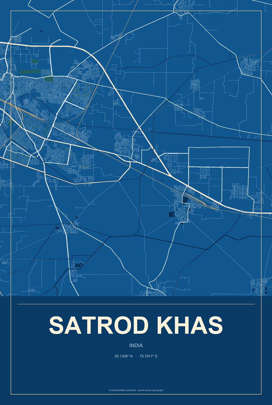 Satrod Khas, India City Map Aluminum Sign in Harbor Cobalt style