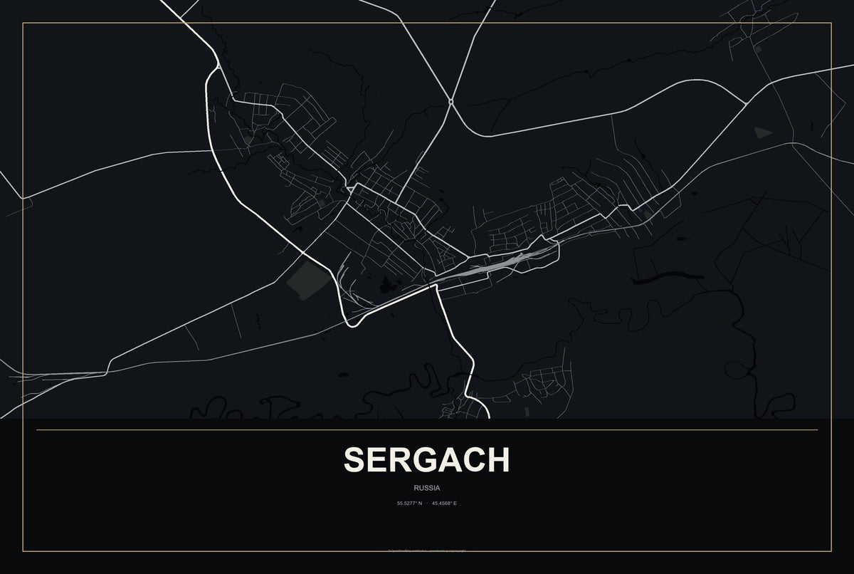 Sergach, Russia City Map Aluminum Sign in Metropolitan Noir style