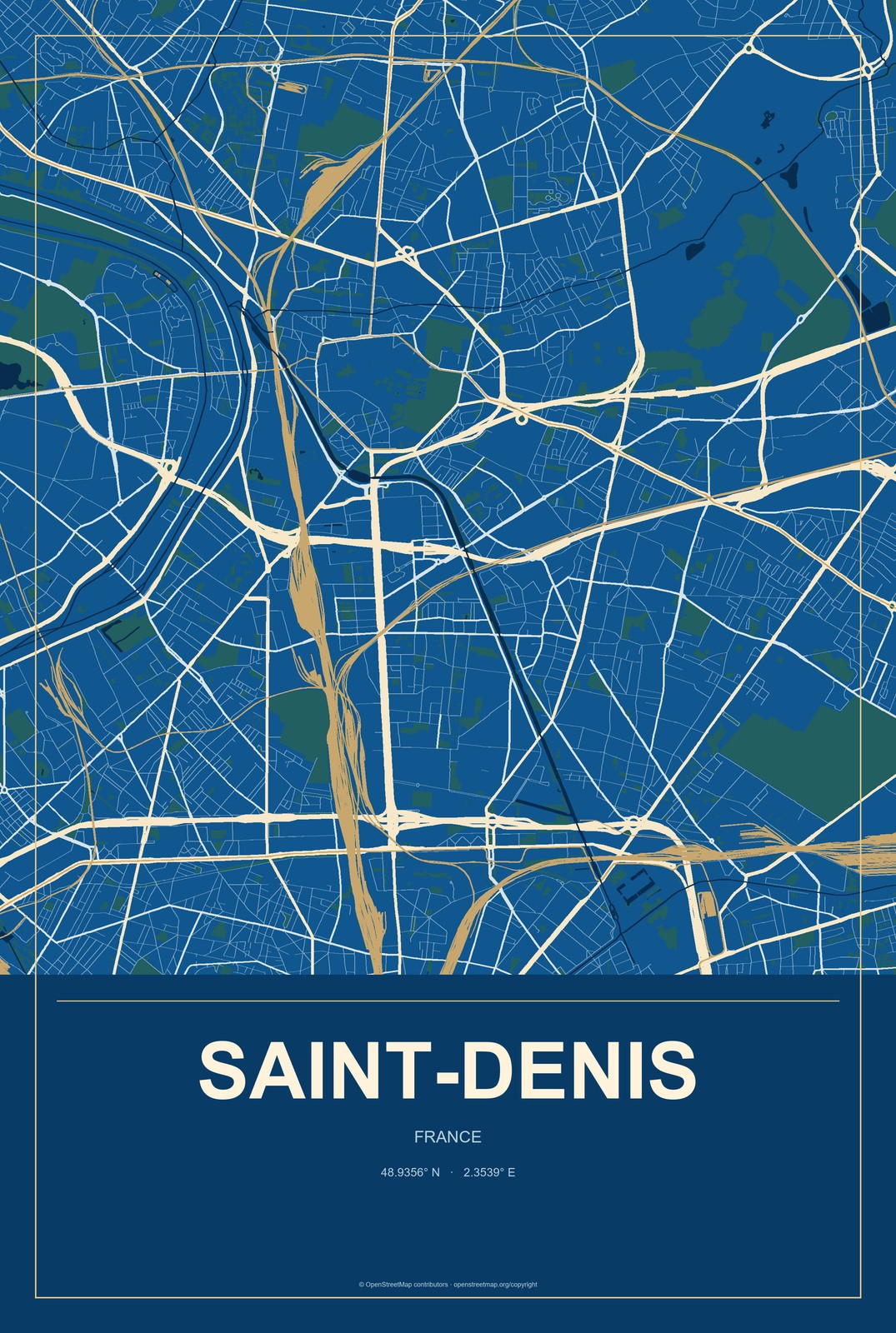 Saint-Denis, France City Map Aluminum Sign in Harbor Cobalt style