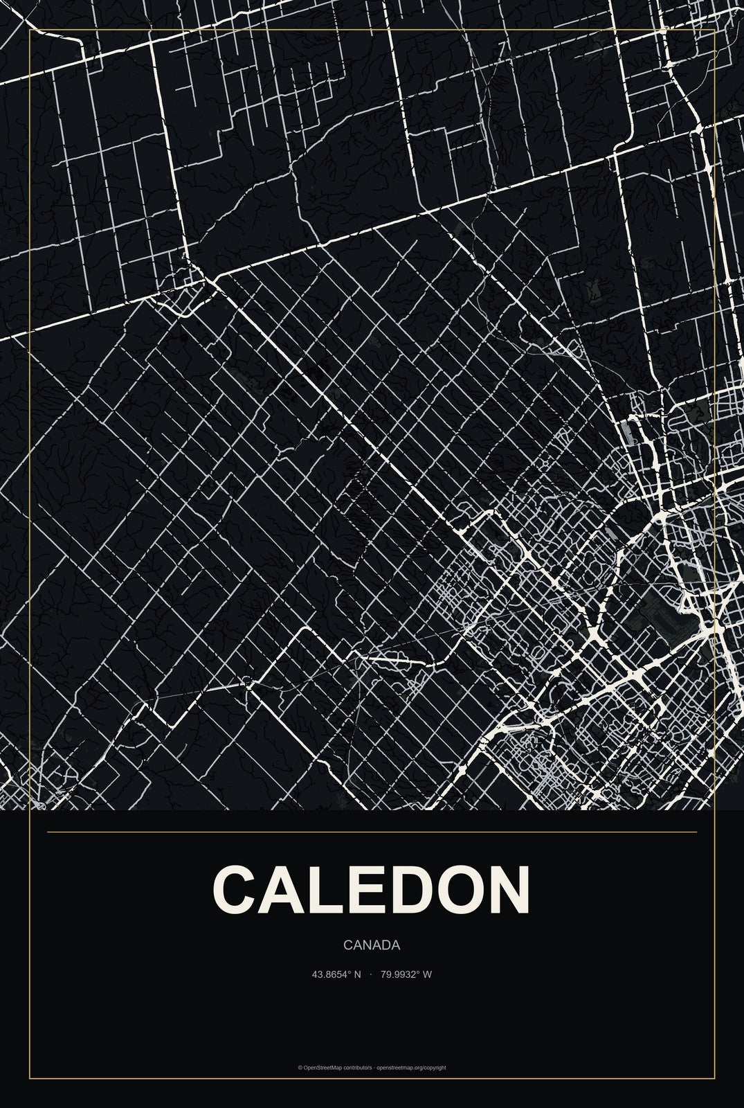 Caledon, Canada City Map Aluminum Sign in Metropolitan Noir style