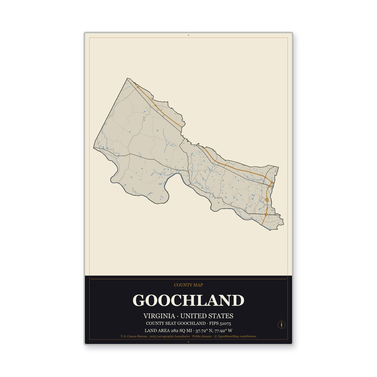 Goochland County, Virginia Map Aluminum Sign in Museum Plaque style