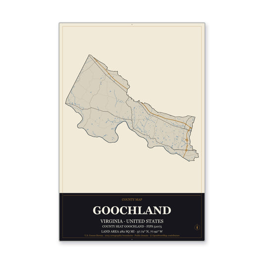 Goochland County, Virginia Map Aluminum Sign in Museum Plaque style