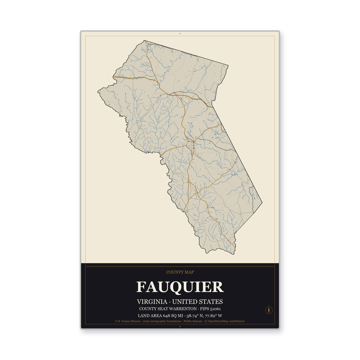 Fauquier County, Virginia Map Aluminum Sign in Museum Plaque style