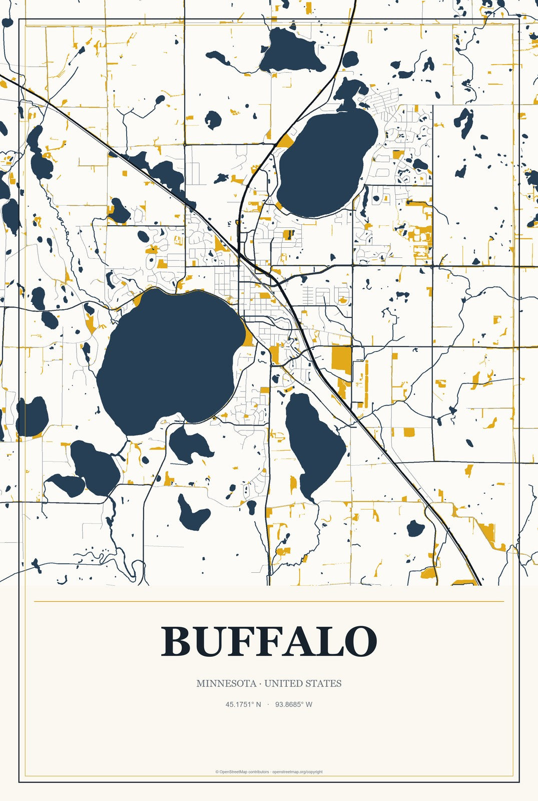 Buffalo, Minnesota City Map Aluminum Sign in Citrine Modern style