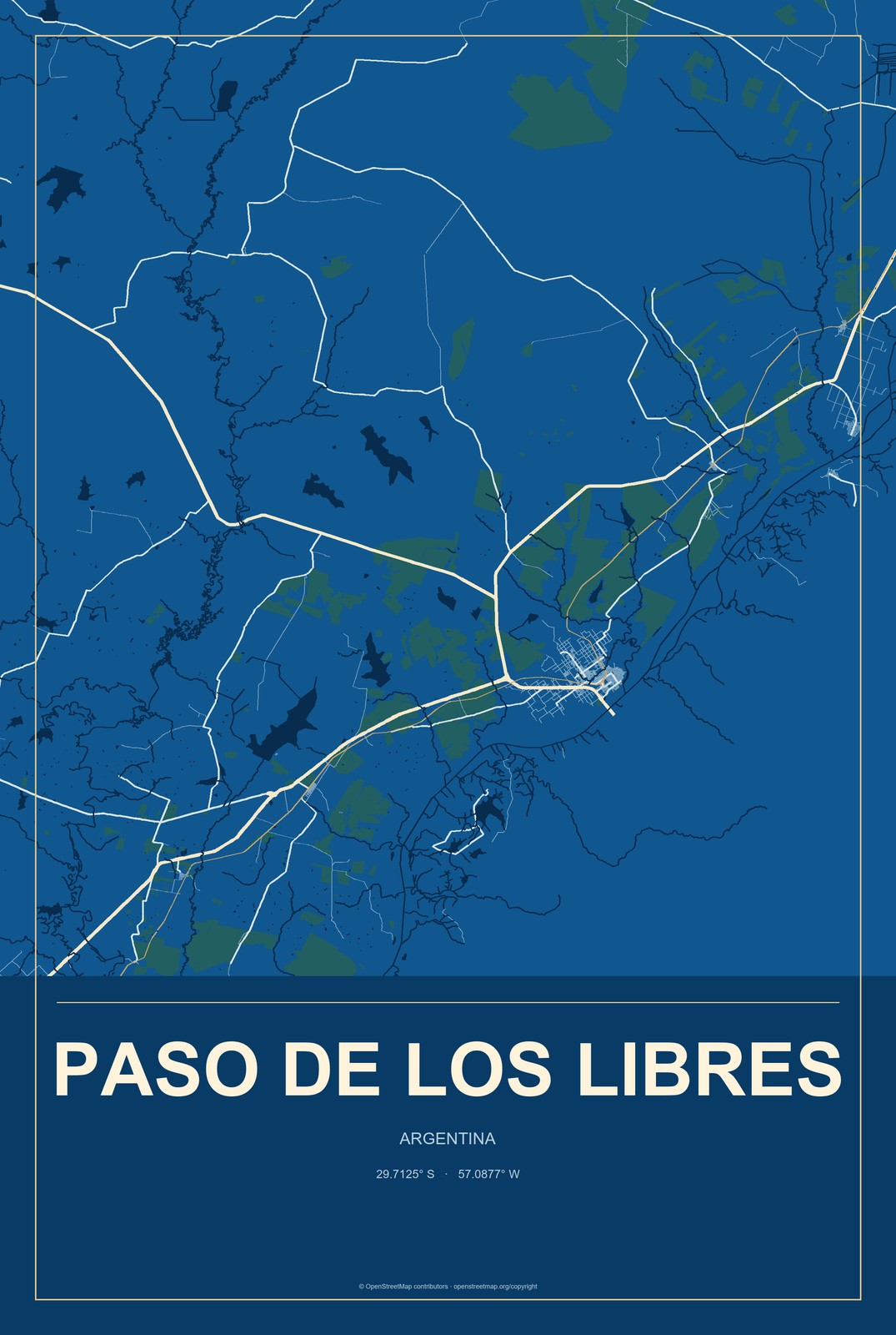 Paso de los Libres, Argentina City Map Aluminum Sign in Harbor Cobalt style
