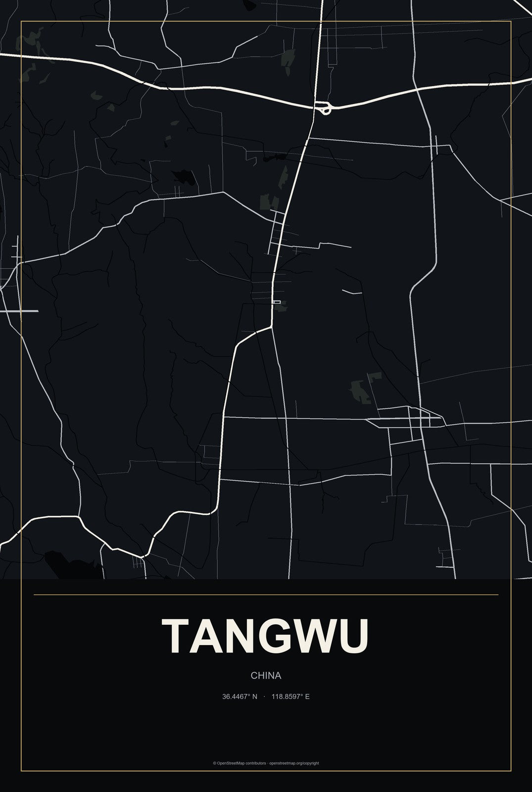 Tangwu, China City Map Aluminum Sign in Metropolitan Noir style
