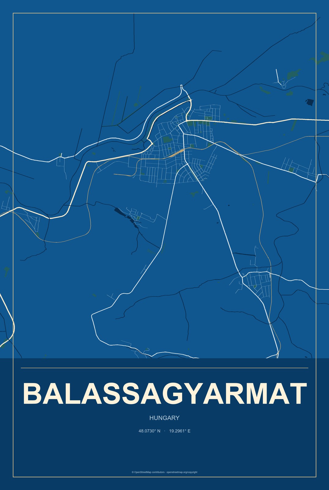 Balassagyarmat, Hungary City Map Aluminum Sign in Harbor Cobalt style