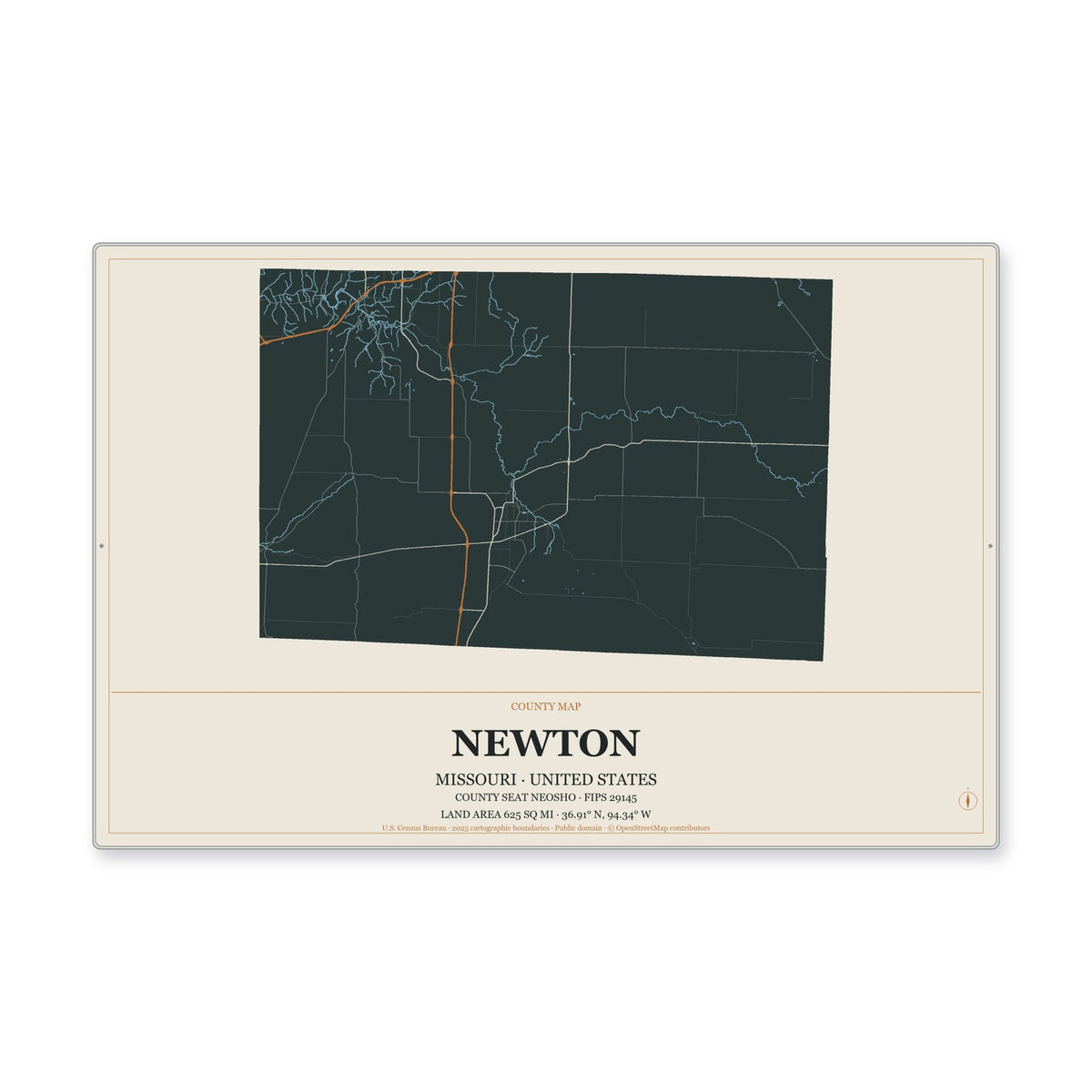 Newton County, Missouri Map Aluminum Sign in Headline Atlas style