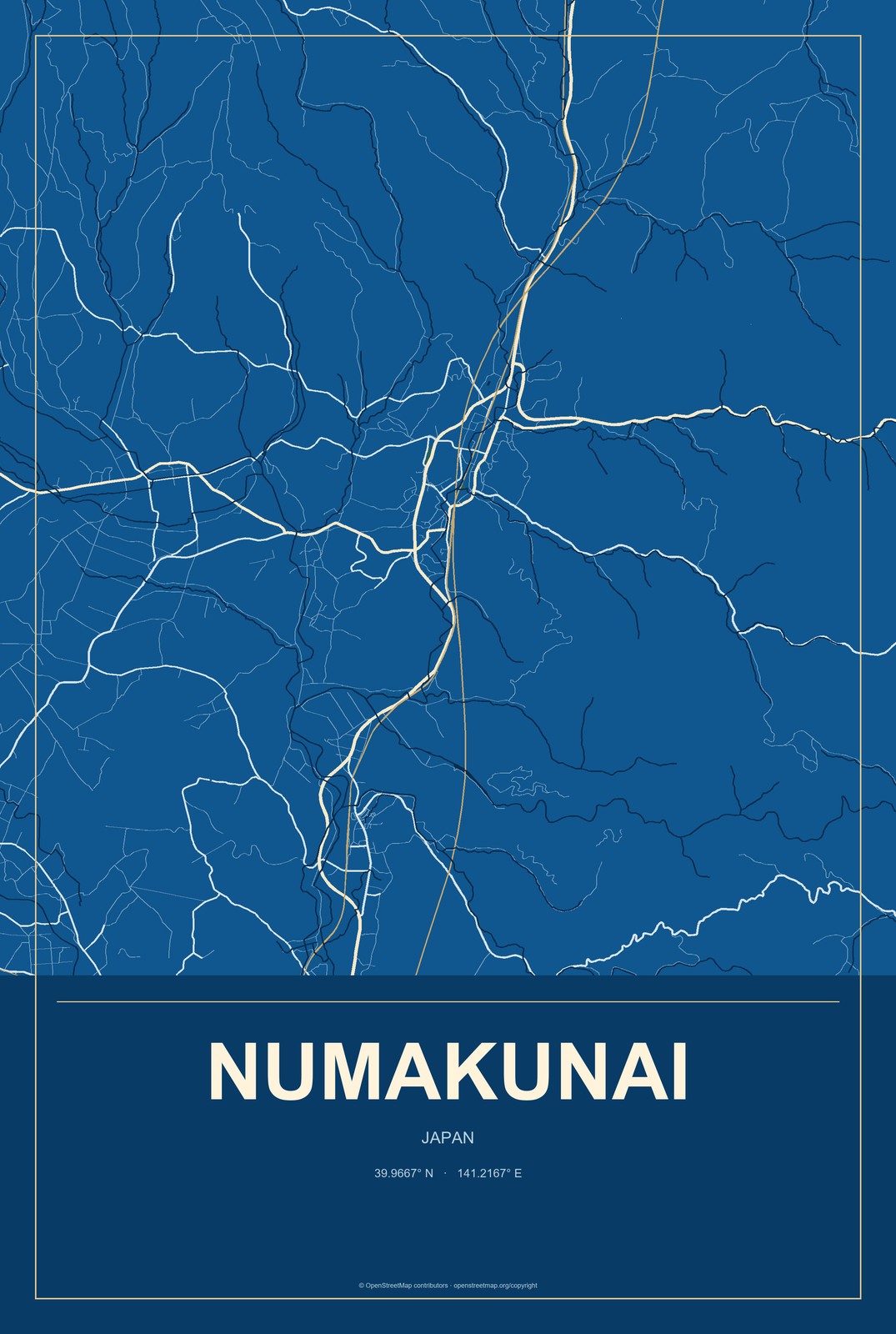 Numakunai, Japan City Map Aluminum Sign in Harbor Cobalt style