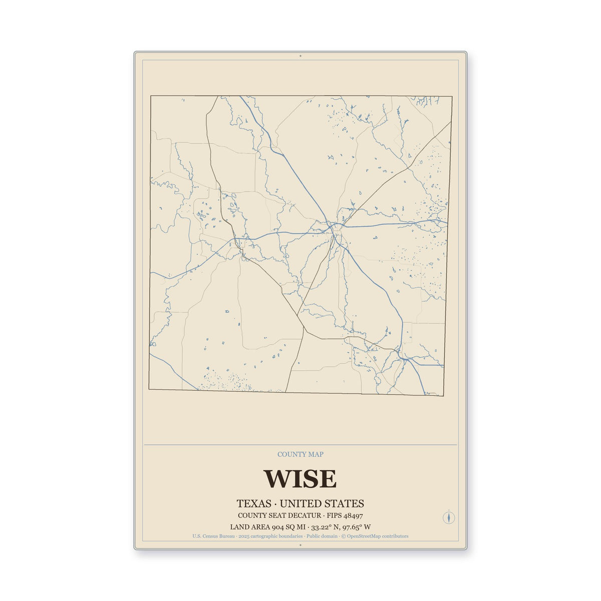 Wise County, Texas Map Aluminum Sign in Heritage Nautical style
