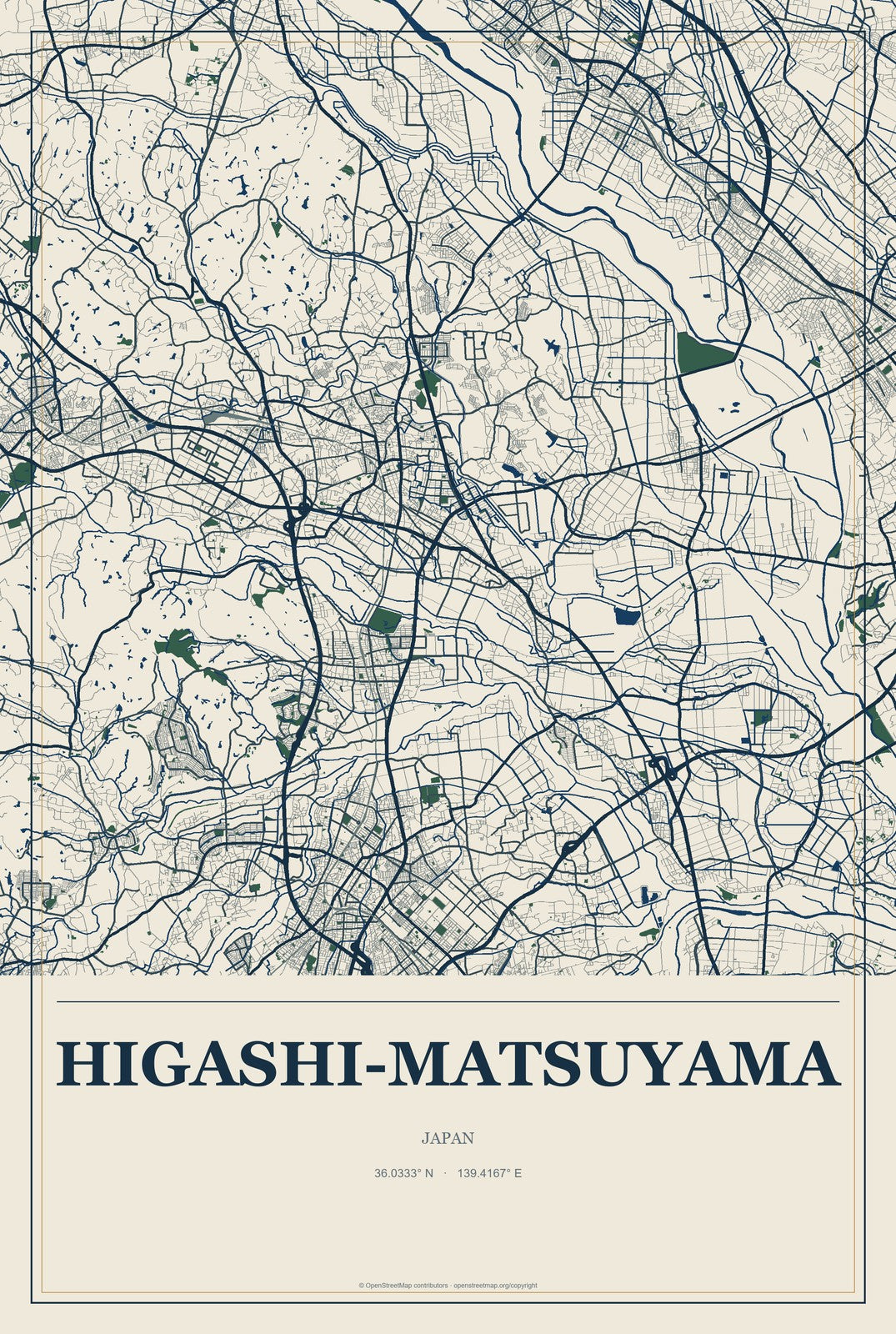 Higashi-Matsuyama, Japan City Map Aluminum Sign in Coastal Cutout style