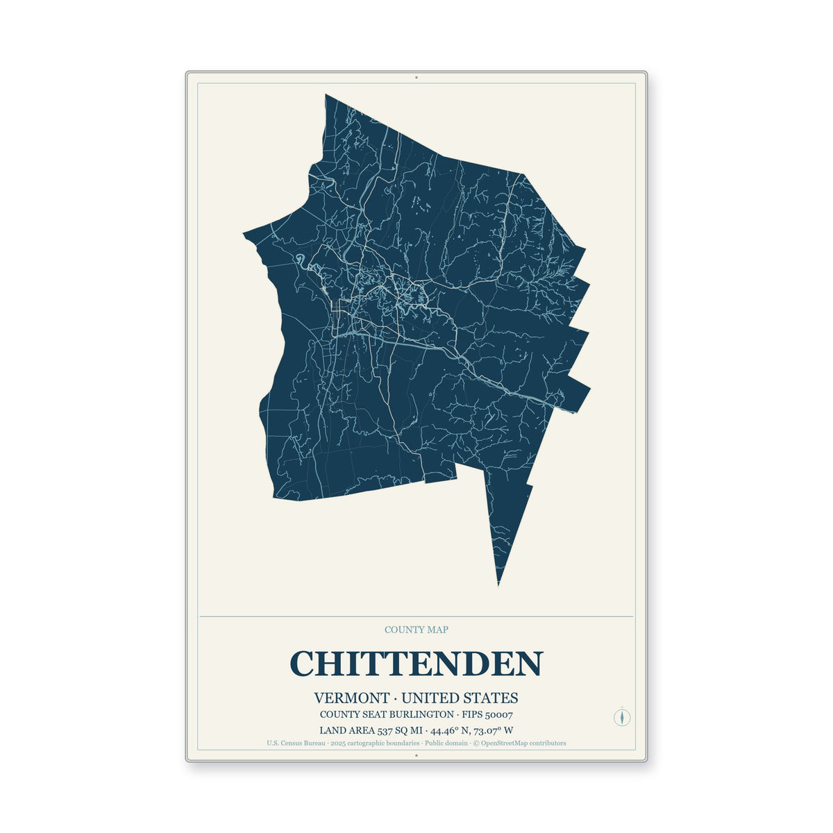 Chittenden County, Vermont Map Aluminum Sign in Coastal Cutout style