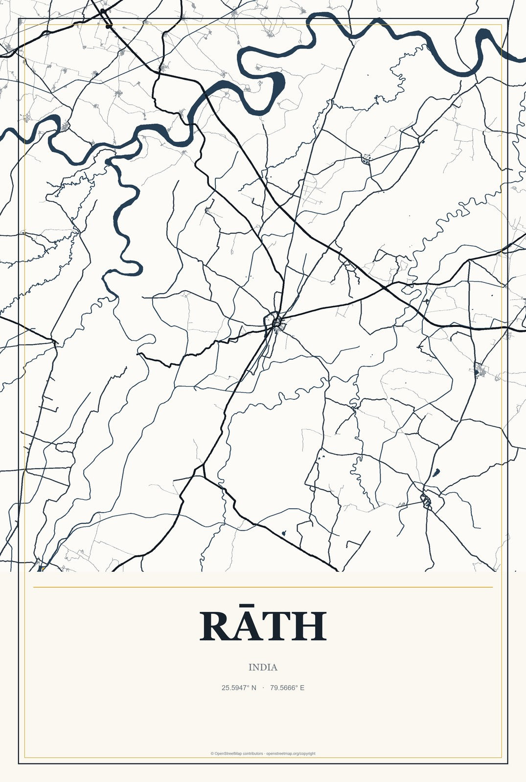 Rāth, India City Map Aluminum Sign in Citrine Modern style