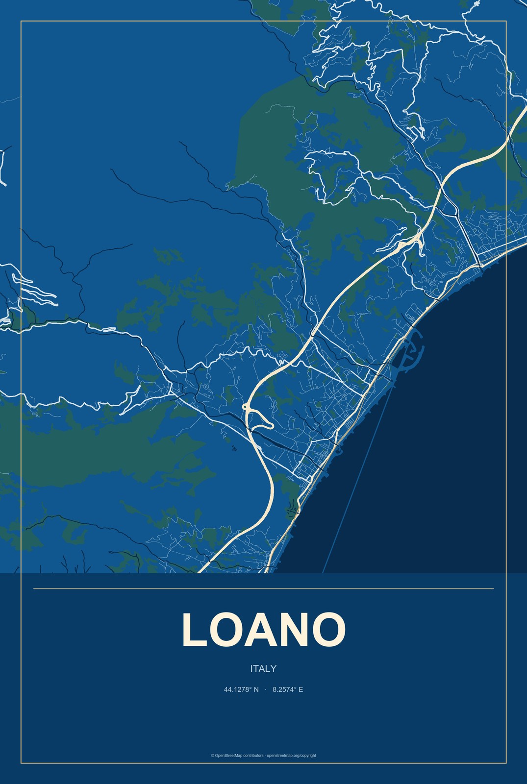 Loano, Italy City Map Aluminum Sign in Harbor Cobalt style
