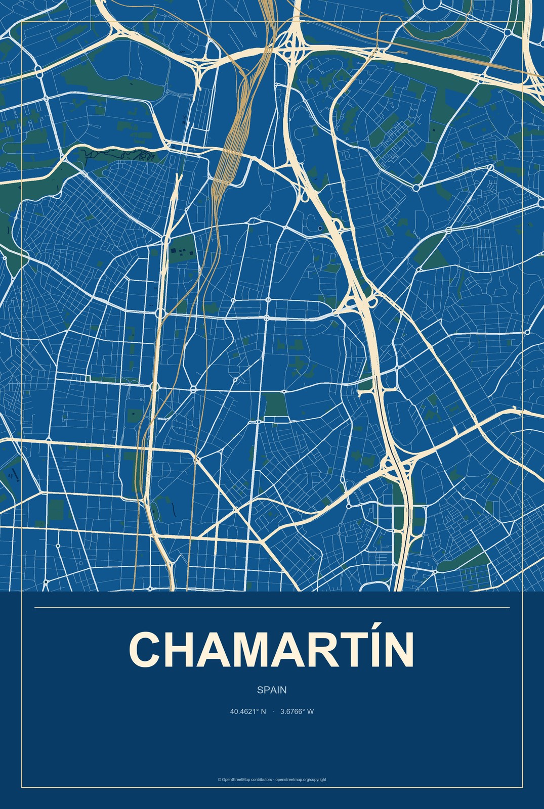 Chamartín, Spain City Map Aluminum Sign in Harbor Cobalt style