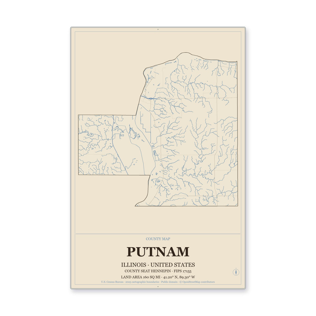 Putnam County, Illinois Map Aluminum Sign in Heritage Nautical style