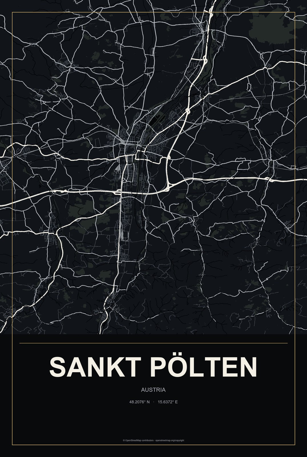 Sankt Pölten, Austria City Map Aluminum Sign in Metropolitan Noir style
