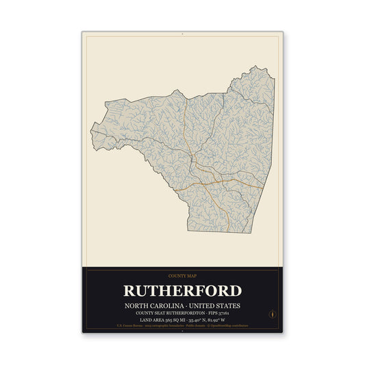 Rutherford County, North Carolina Map Aluminum Sign in Museum Plaque style