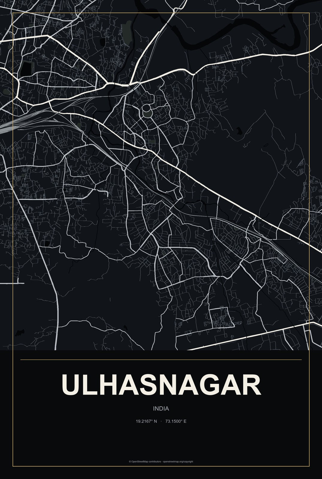 Ulhasnagar, India City Map Aluminum Sign in Metropolitan Noir style