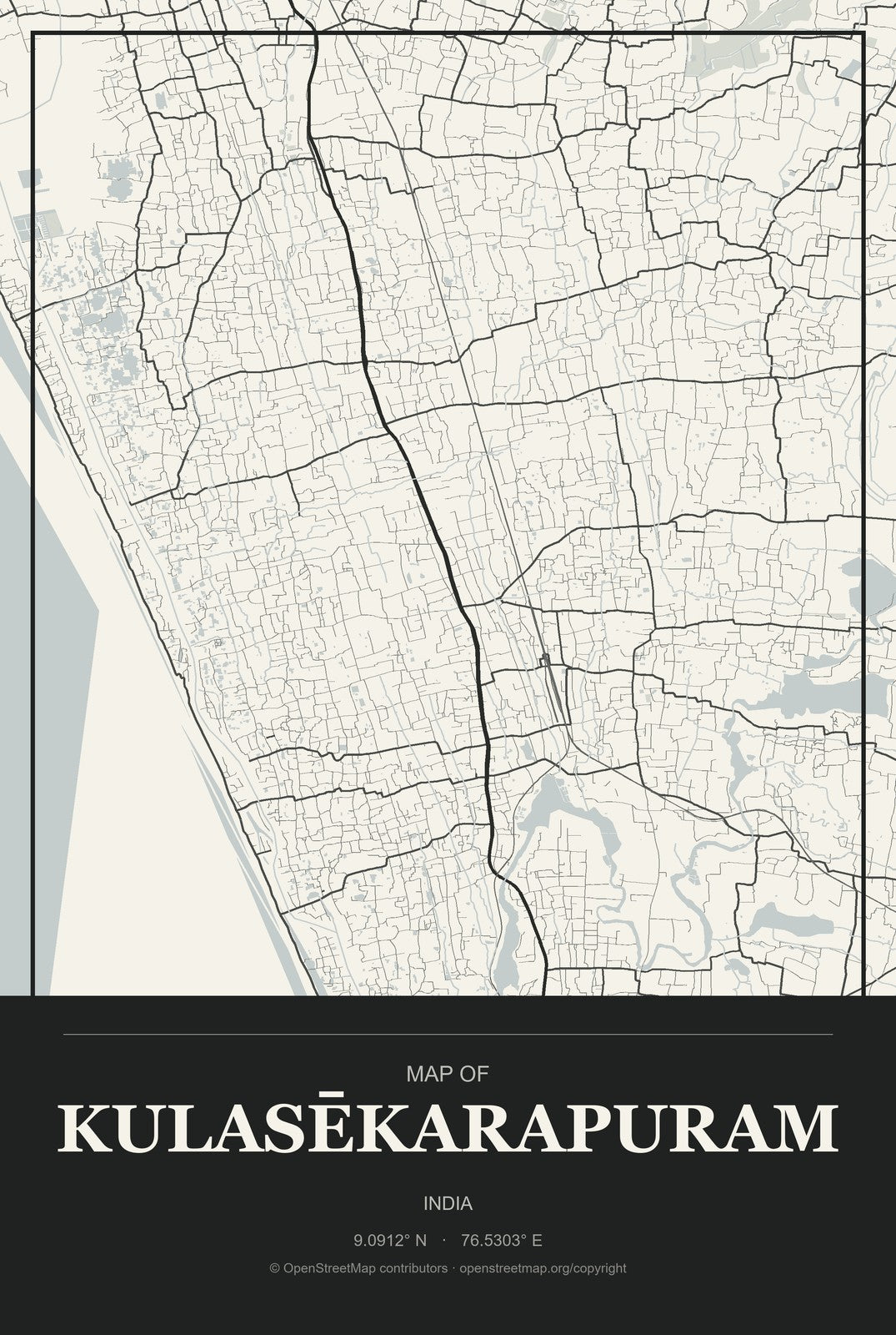 Kulasēkarapuram, India City Map Aluminum Sign in Museum Plaque style