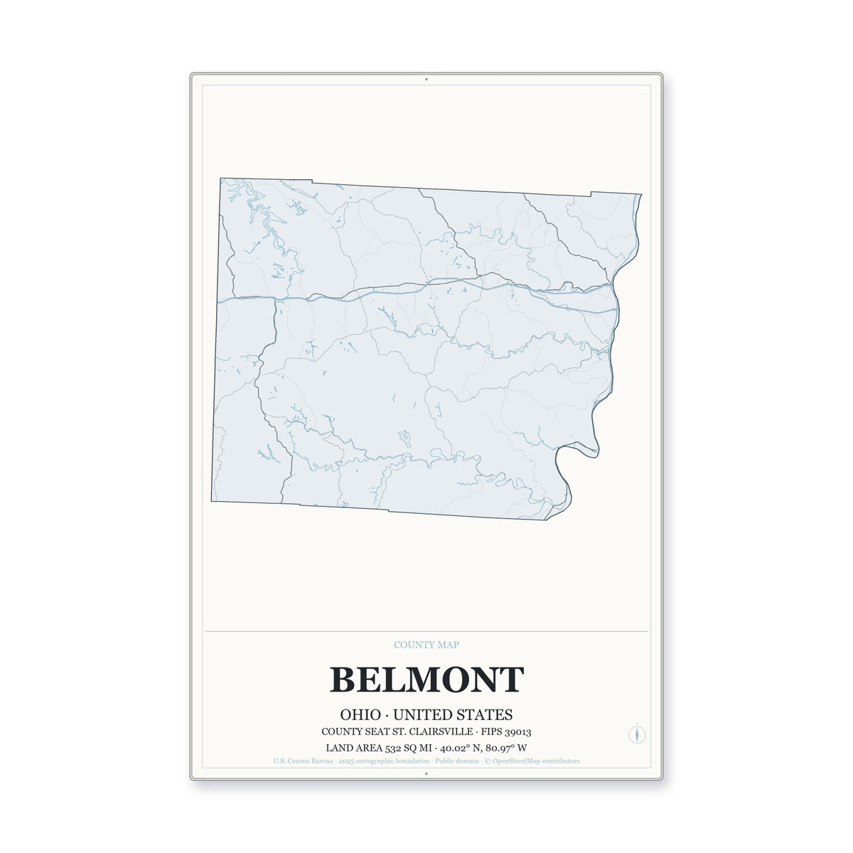Belmont County, Ohio Map Aluminum Sign in Gallery Air style