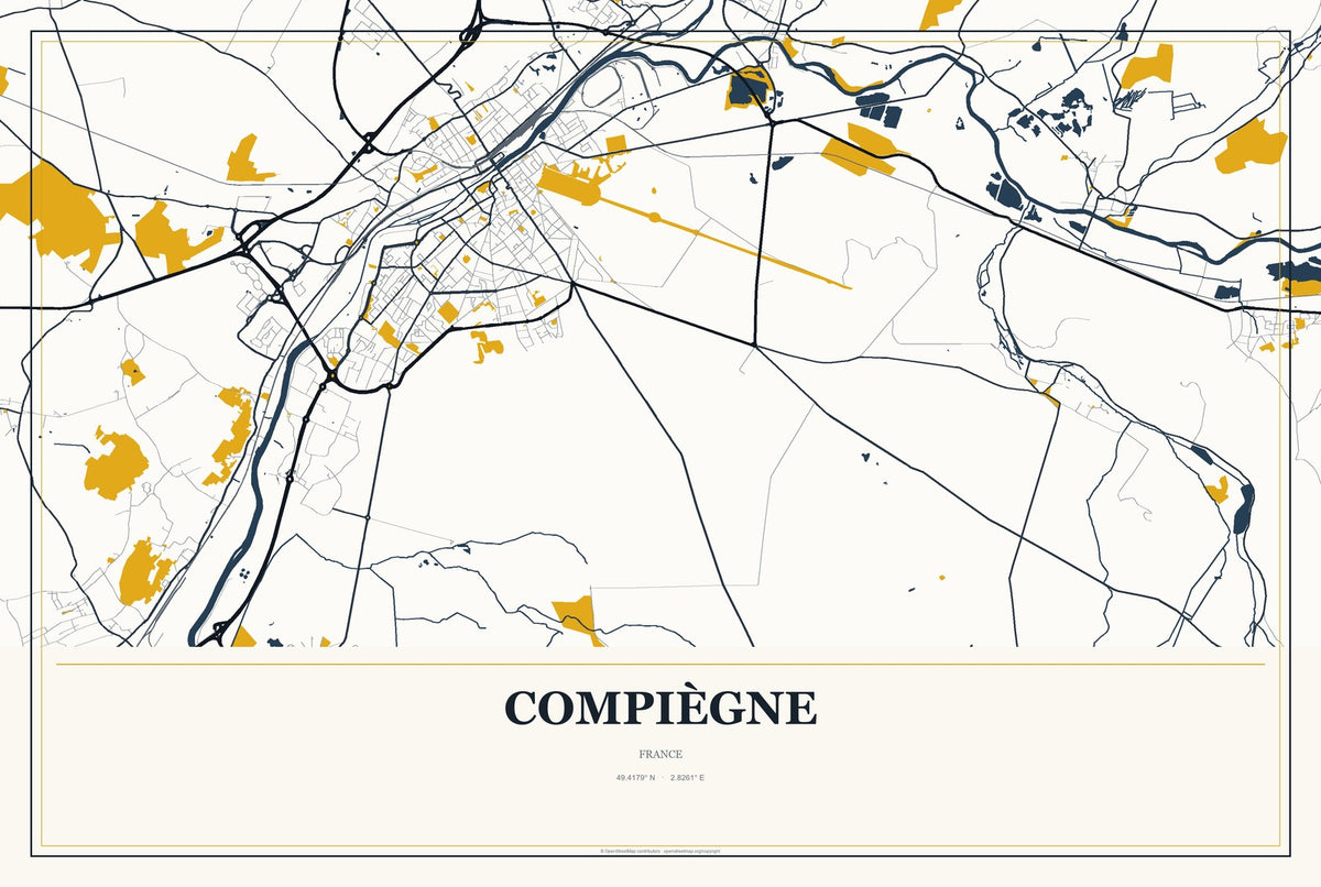 Compiègne, France City Map Aluminum Sign in Citrine Modern style