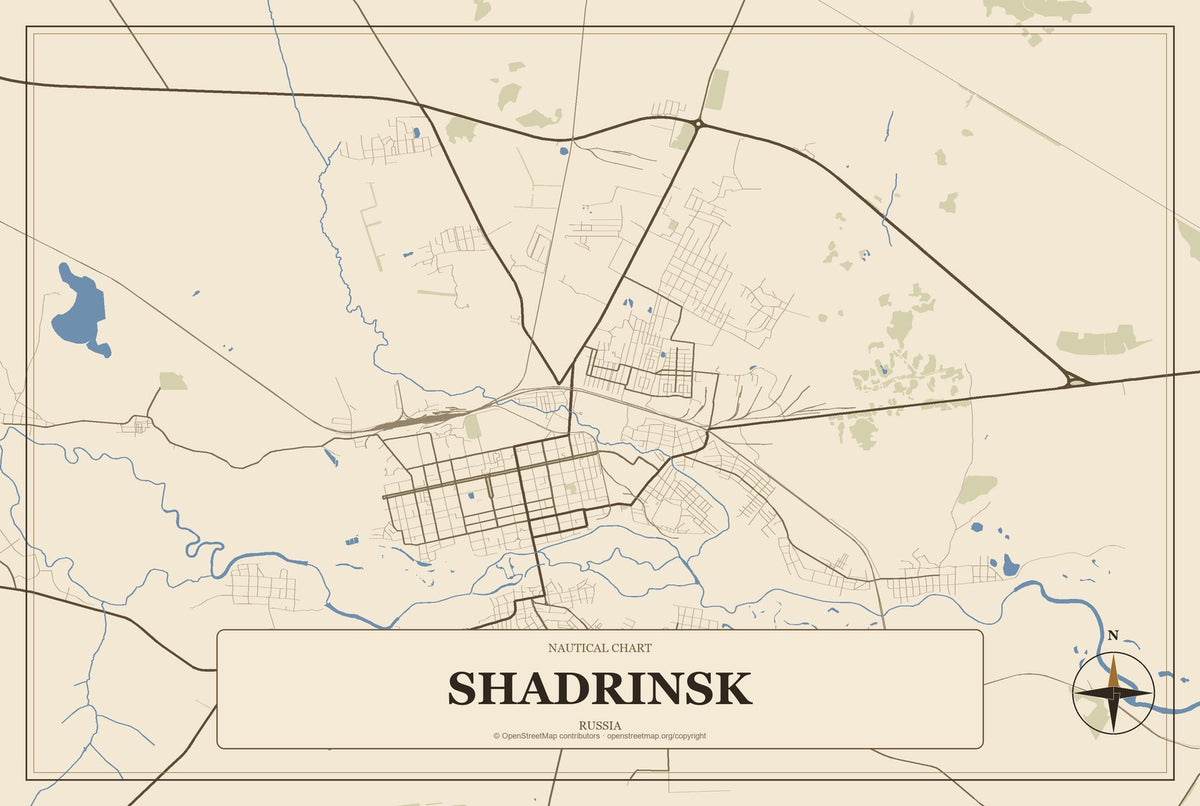 Shadrinsk, Russia City Map Aluminum Sign in Heritage Nautical style