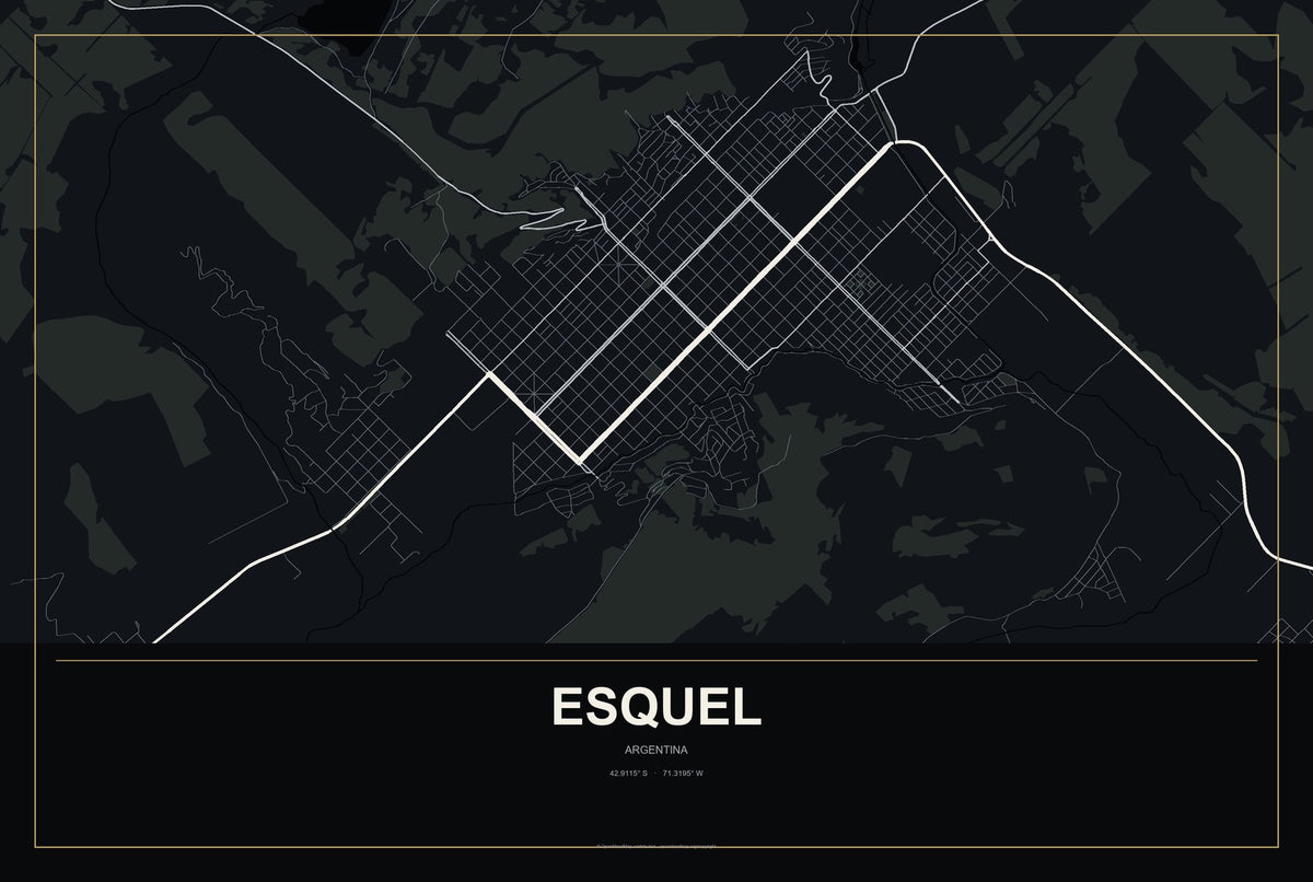Esquel, Argentina City Map Aluminum Sign in Metropolitan Noir style