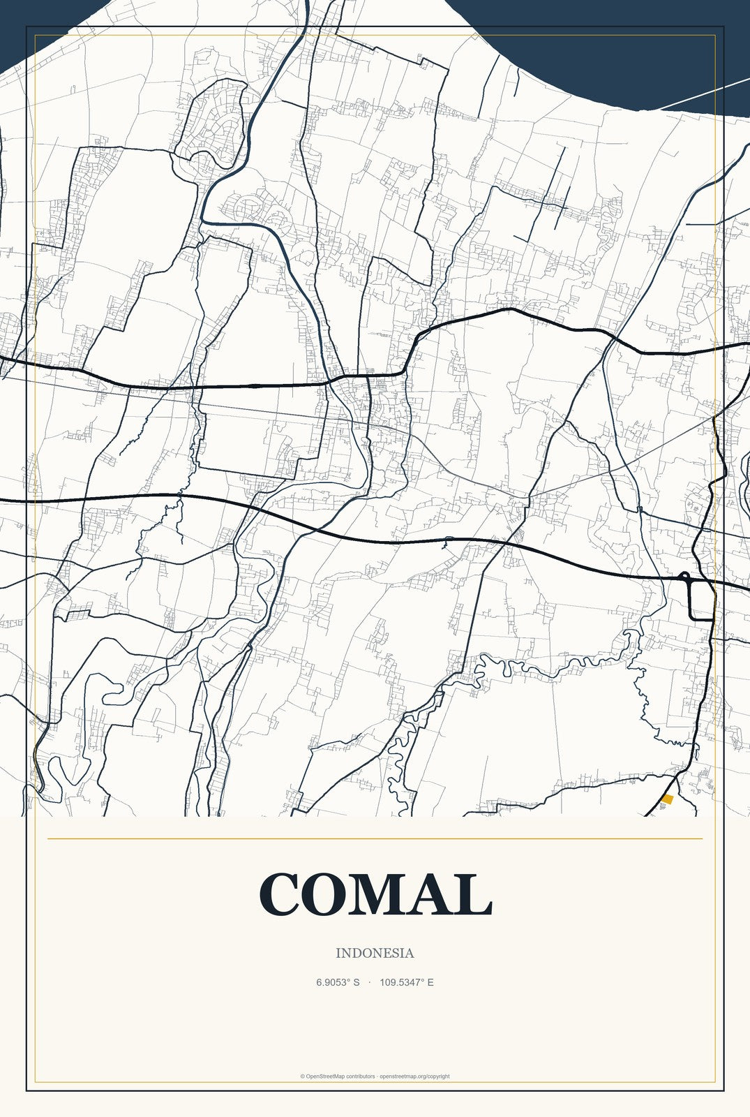 Comal, Indonesia City Map Aluminum Sign in Citrine Modern style