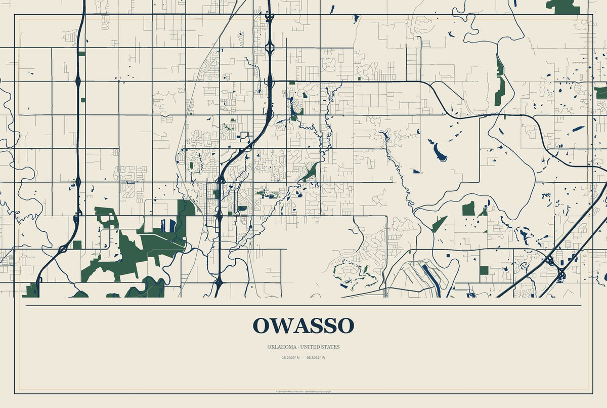 Owasso, Oklahoma City Map Aluminum Sign in Coastal Cutout style