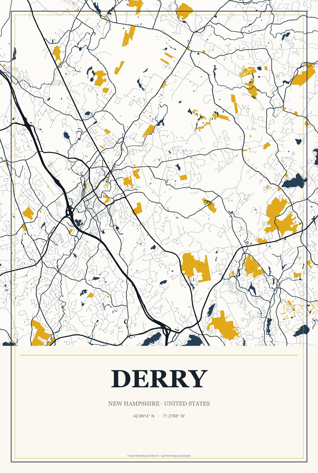 Derry, New Hampshire City Map Aluminum Sign in Citrine Modern style