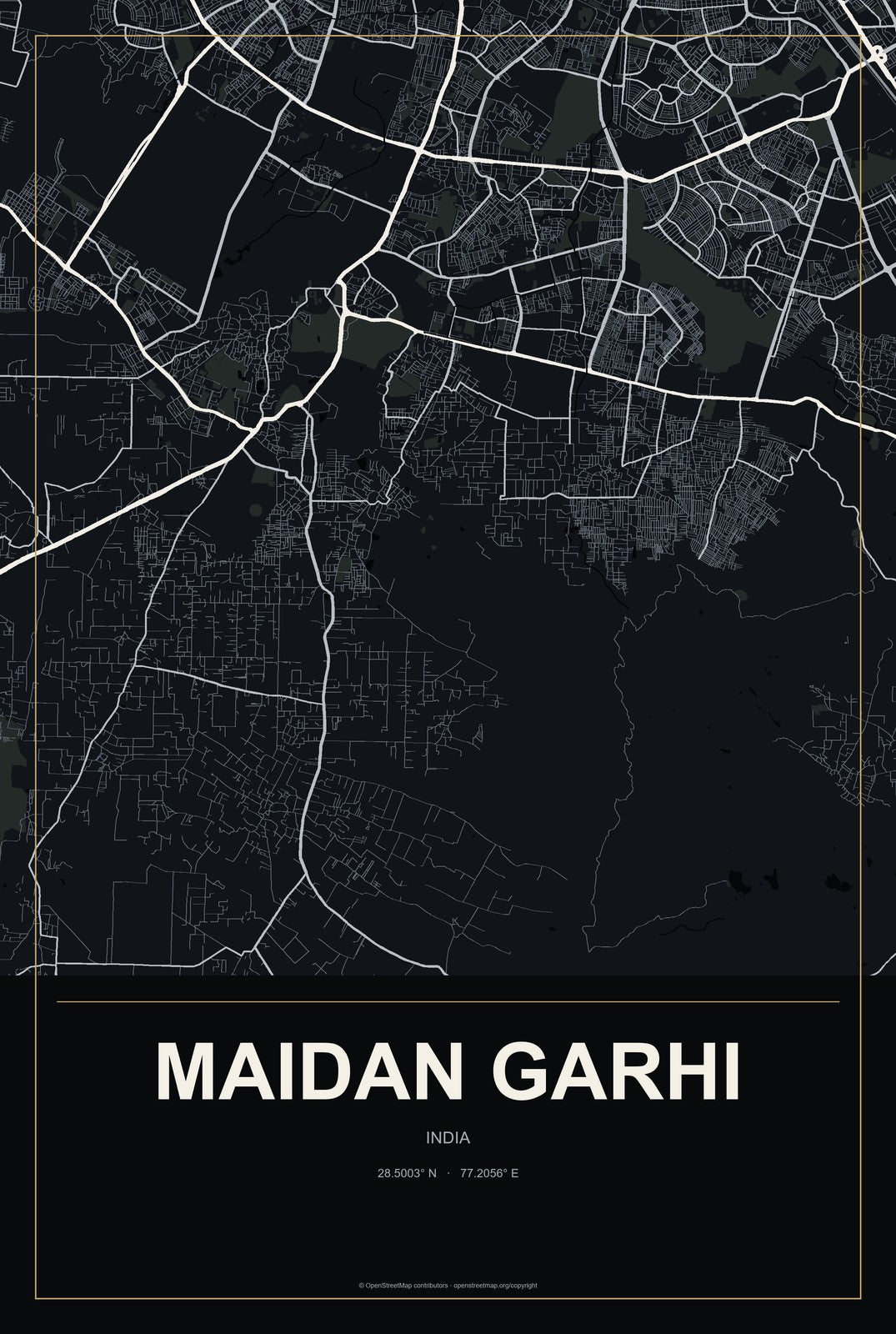 Maidan Garhi, India City Map Aluminum Sign in Metropolitan Noir style