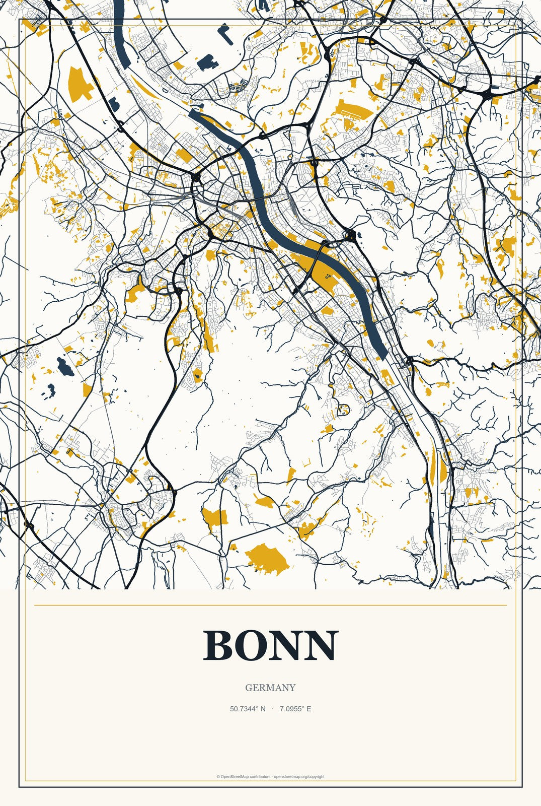 Bonn, Germany City Map Aluminum Sign in Citrine Modern style