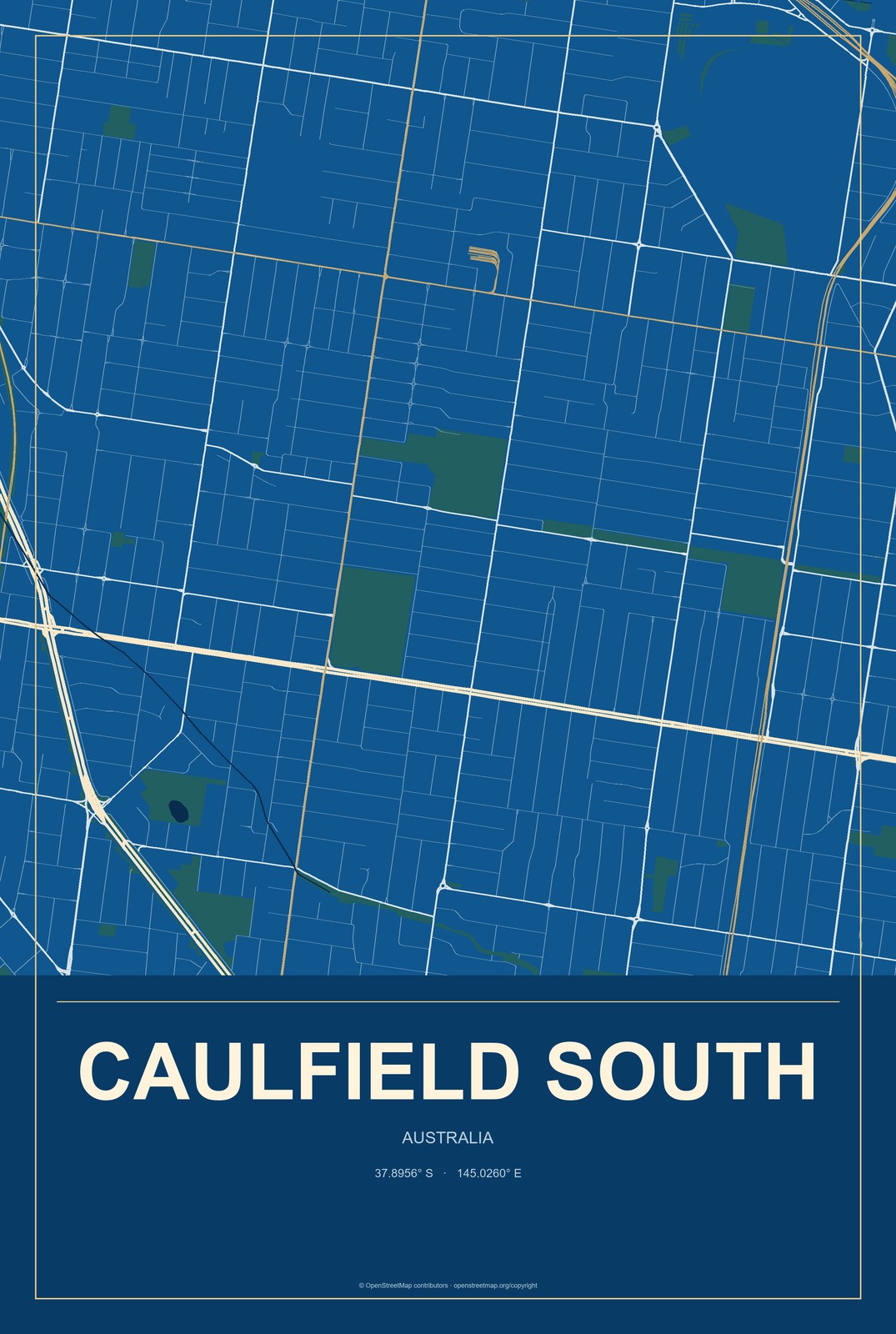 Caulfield South, Australia City Map Aluminum Sign in Harbor Cobalt style