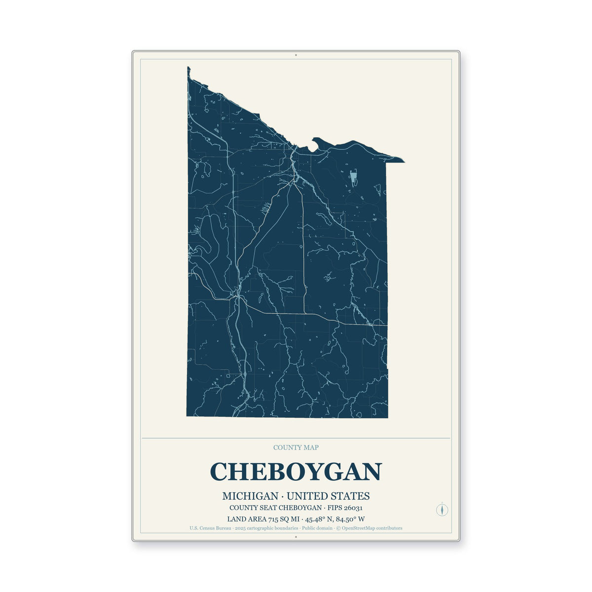 Cheboygan County, Michigan Map Aluminum Sign in Coastal Cutout style
