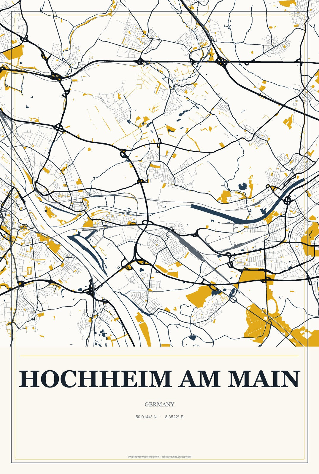 Hochheim am Main, Germany City Map Aluminum Sign in Citrine Modern style