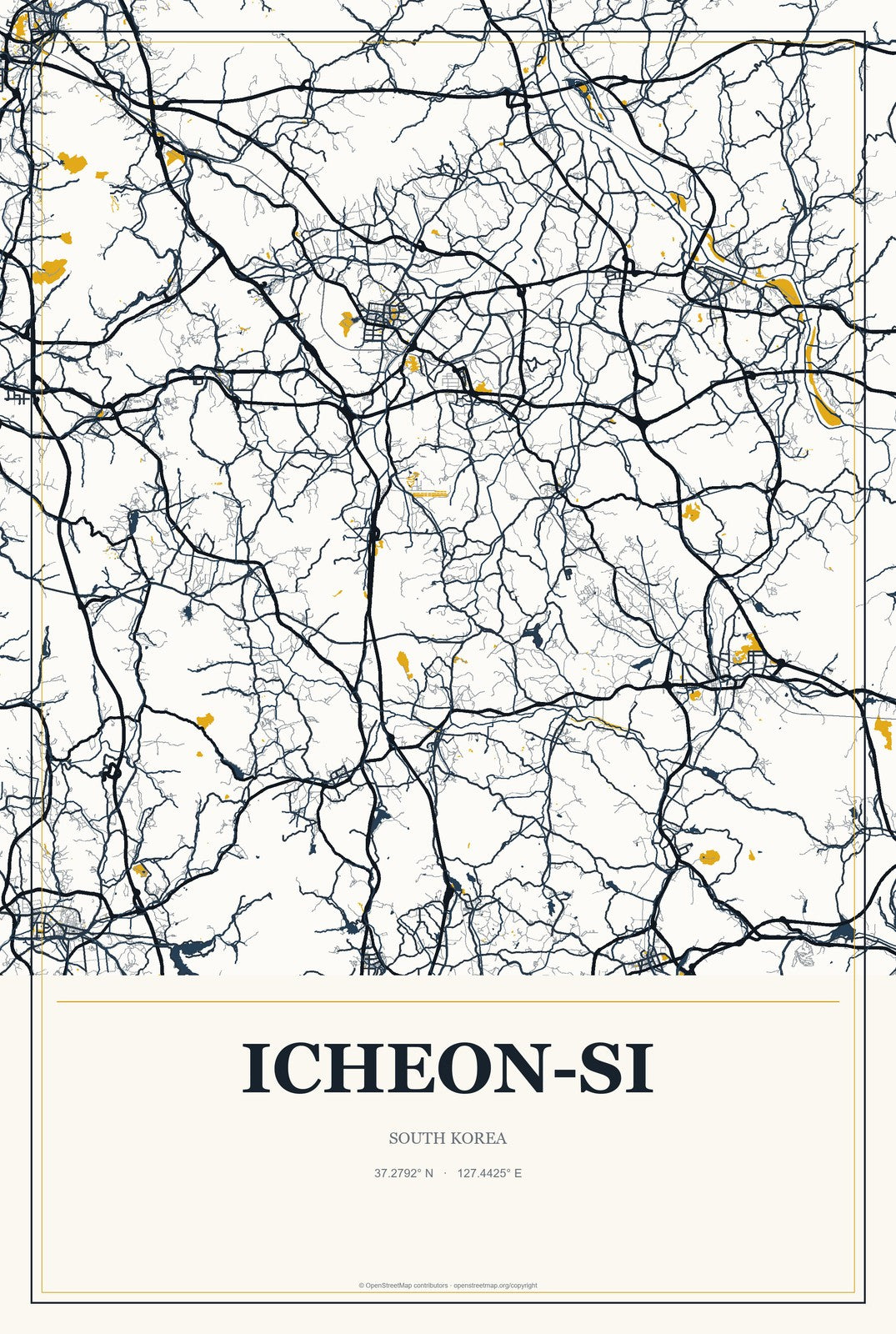 Icheon-si, South Korea City Map Aluminum Sign in Citrine Modern style