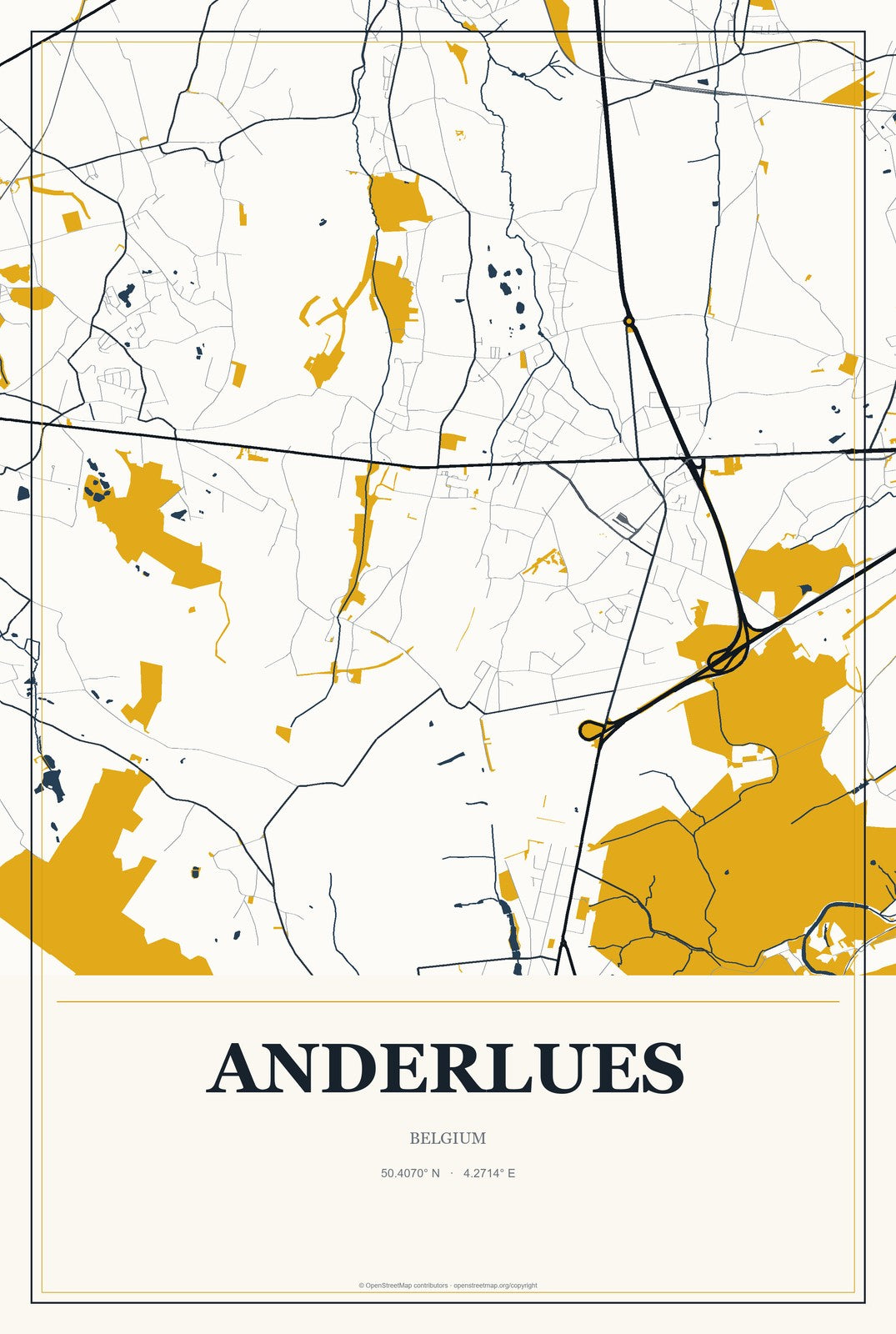 Anderlues, Belgium City Map Aluminum Sign in Citrine Modern style
