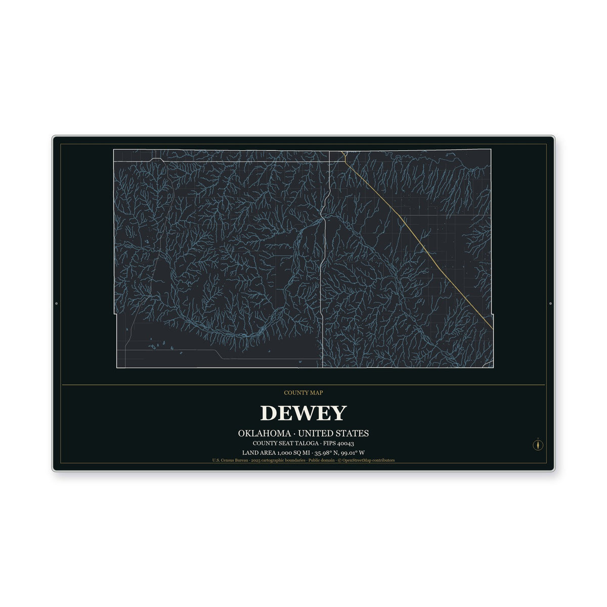 Dewey County, Oklahoma Map Aluminum Sign in Metropolitan Noir style