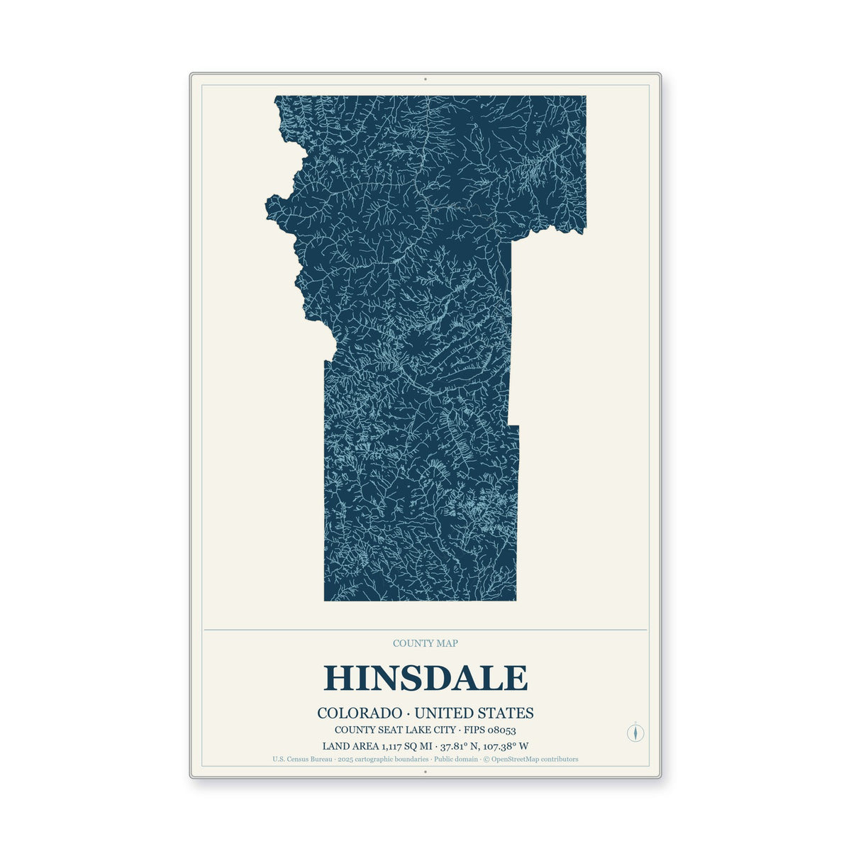 Hinsdale County, Colorado Map Aluminum Sign in Coastal Cutout style