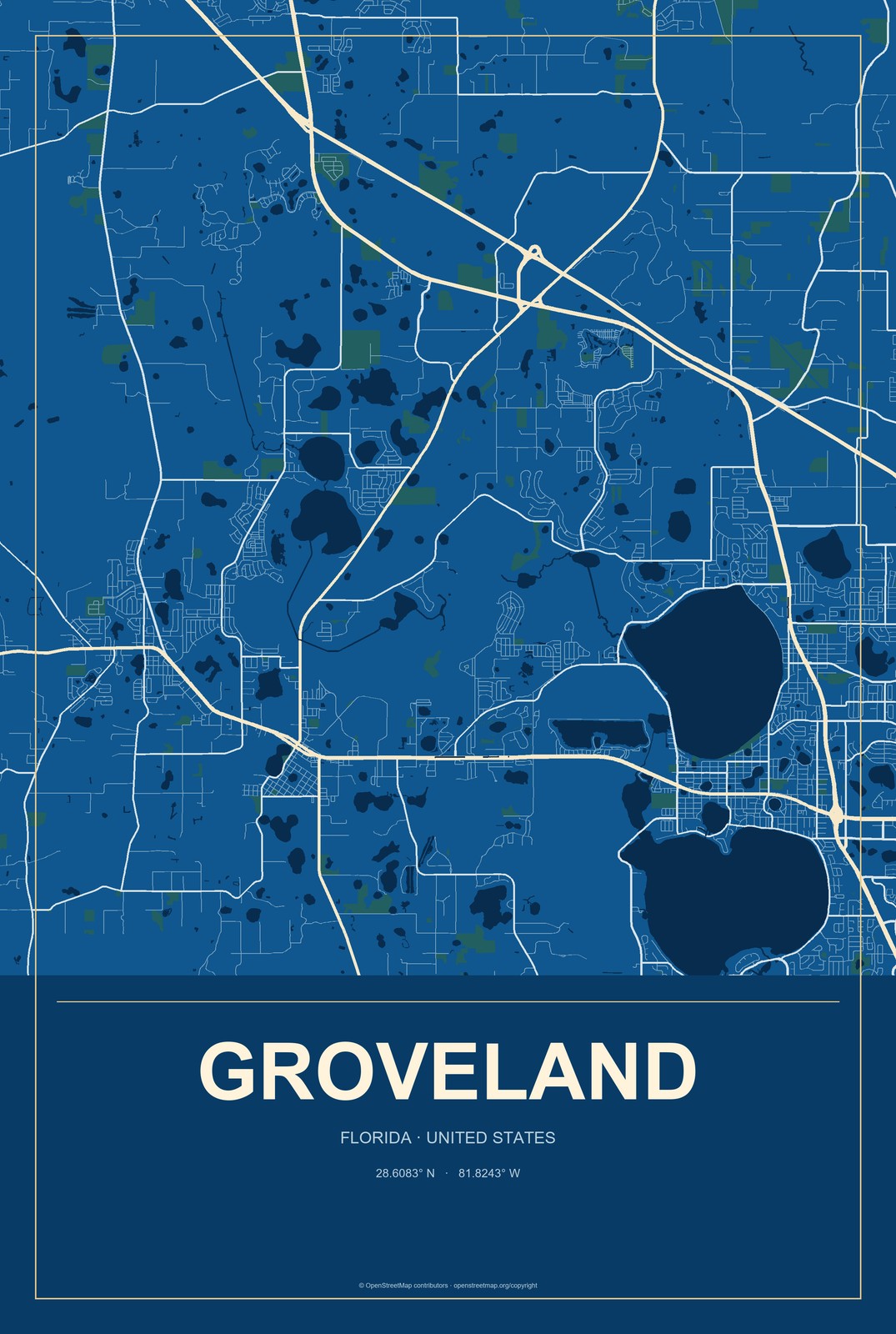 Groveland, Florida City Map Aluminum Sign in Harbor Cobalt style