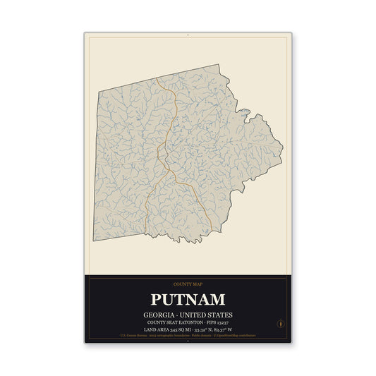 Putnam County, Georgia Map Aluminum Sign in Museum Plaque style