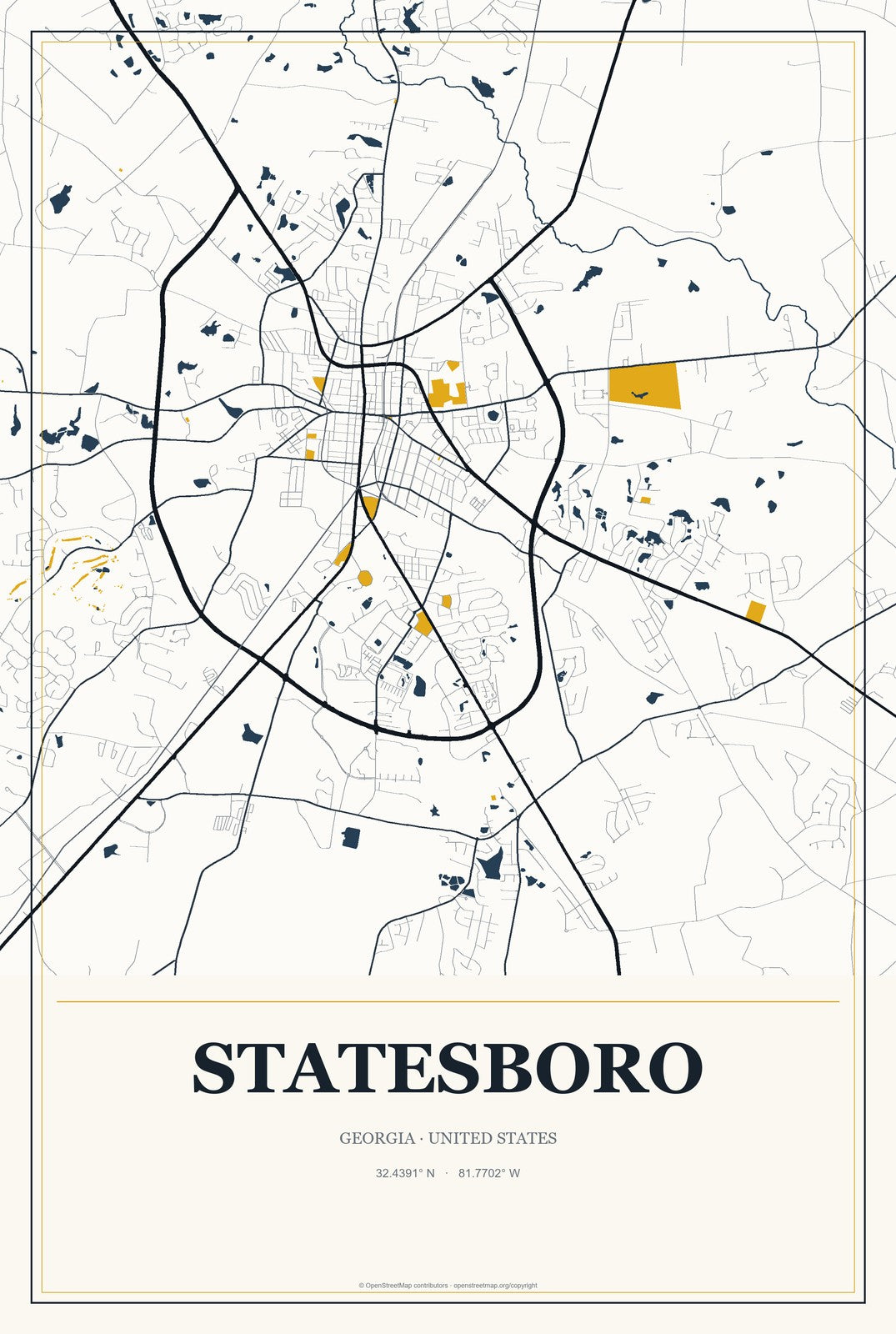 Statesboro, Georgia City Map Aluminum Sign in Citrine Modern style