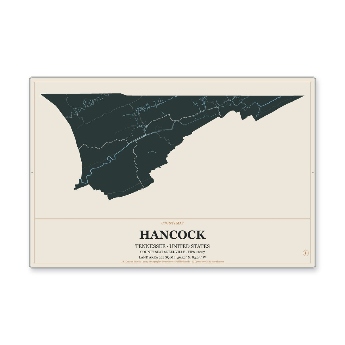 Hancock County, Tennessee Map Aluminum Sign in Headline Atlas style