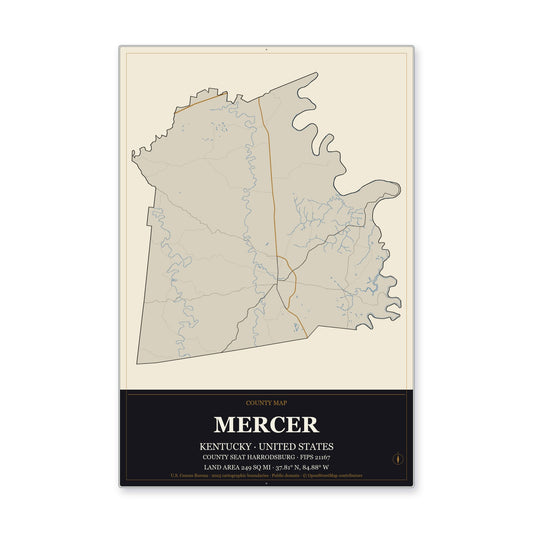 Mercer County, Kentucky Map Aluminum Sign in Museum Plaque style