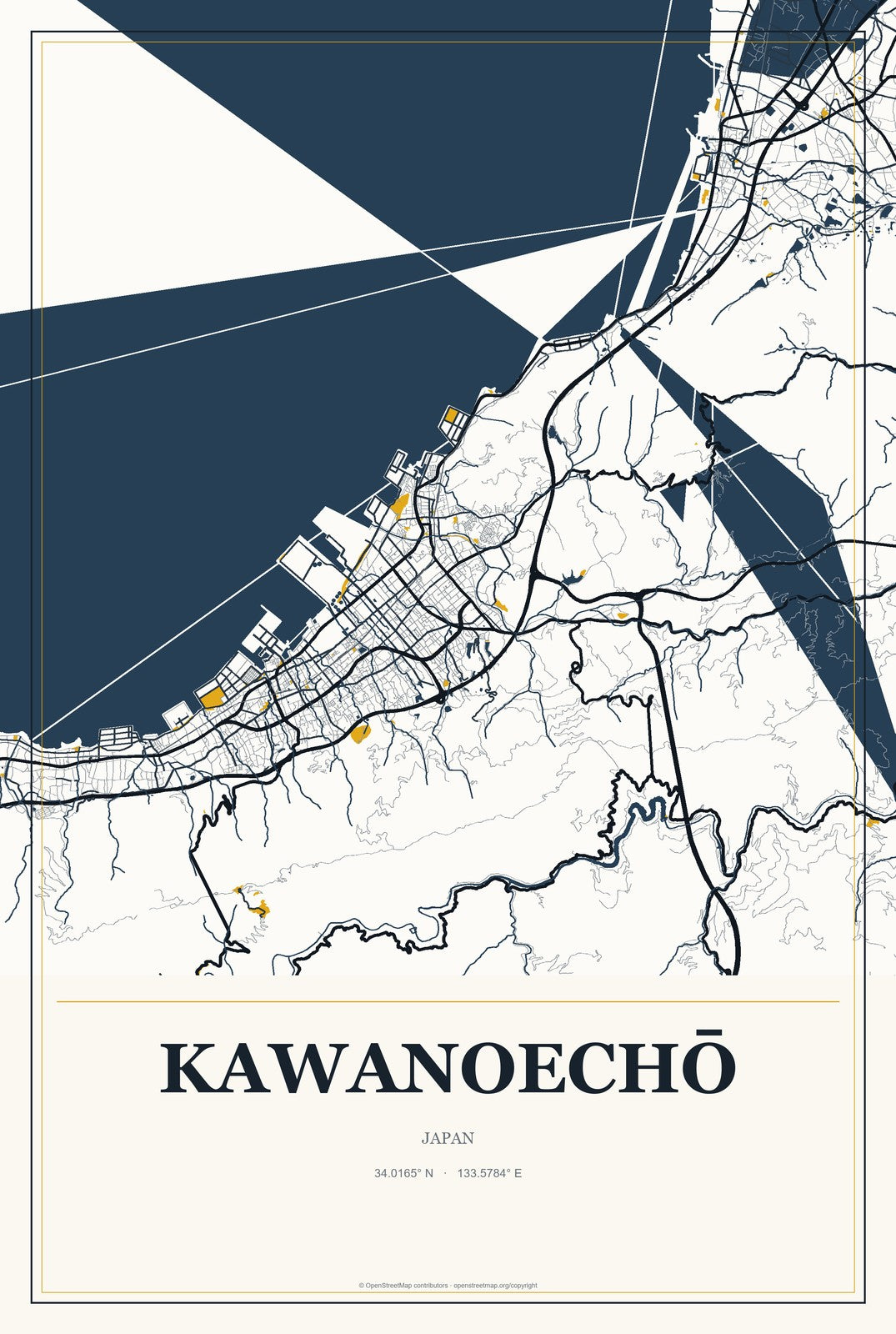 Kawanoechō, Japan City Map Aluminum Sign in Citrine Modern style